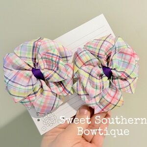 Purple Pink Yellow Plaid Pinwheel Hair Bow Pair Set